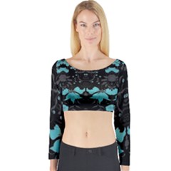 Blue Green Back Ground Floral Pattern Long Sleeve Crop Top