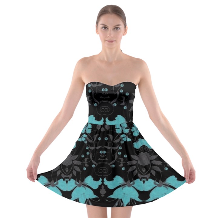 Blue green back ground floral pattern Strapless Bra Top Dress