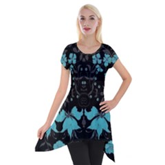 Blue Green Back Ground Floral Pattern Short Sleeve Side Drop Tunic by flipstylezfashionsLLC