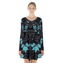 Blue Green Back Ground Floral Pattern Long Sleeve Velvet V-neck Dress by flipstylezfashionsLLC