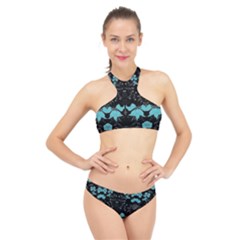 Blue Green Back Ground Floral Pattern High Neck Bikini Set by flipstylezfashionsLLC