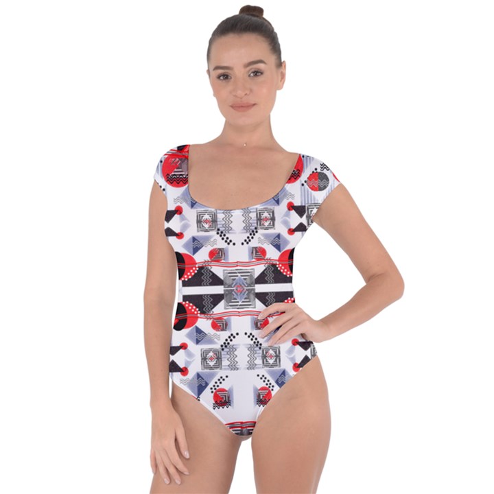 Creative geometric red and black design Short Sleeve Leotard 