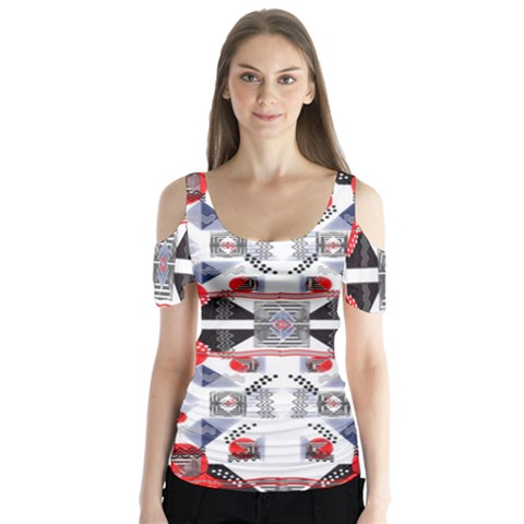 Creative Geometric Red And Black Design Butterfly Sleeve Cutout Tee  by flipstylezfashionsLLC