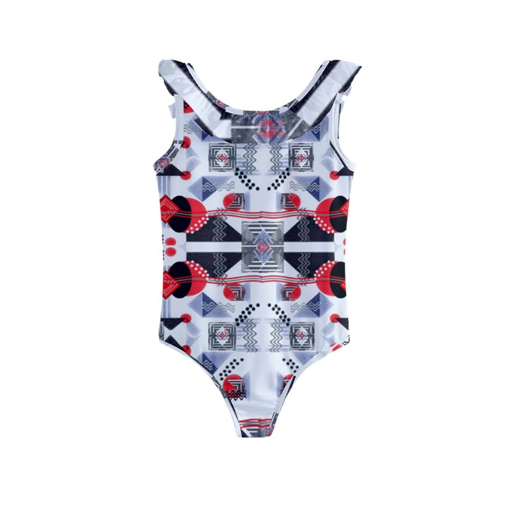 Creative geometric red and black design Kids  Frill Swimsuit