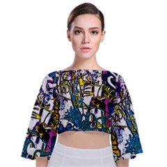 Graffiti Wall Cartoon Style Art Tie Back Butterfly Sleeve Chiffon Top