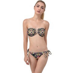 Beautiful Seamless Brown Tropical Flower Design  Twist Bandeau Bikini Set