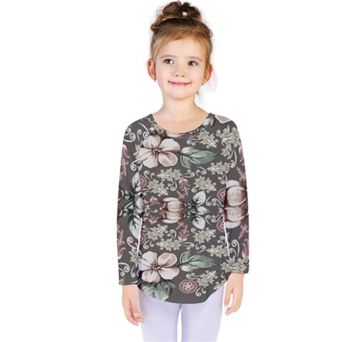 Seamless Pink Green And White Florals Peach Kids  Long Sleeve Tee by flipstylezfashionsLLC