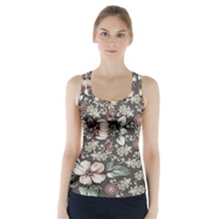 Seamless Pink Green And White Florals Peach Racer Back Sports Top by flipstylezfashionsLLC