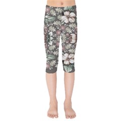 Seamless Pink Green And White Florals Peach Kids  Capri Leggings  by flipstylezfashionsLLC