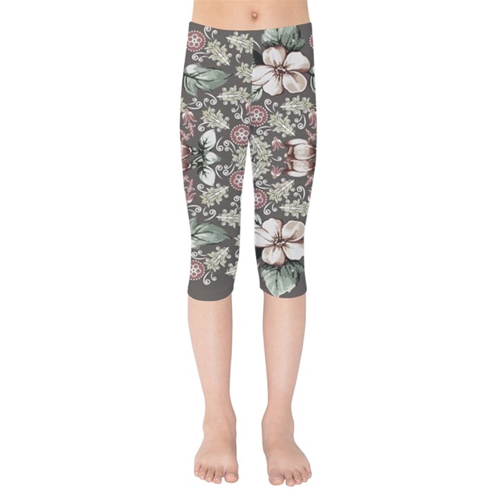 Seamless pink green and white florals peach Kids  Capri Leggings 