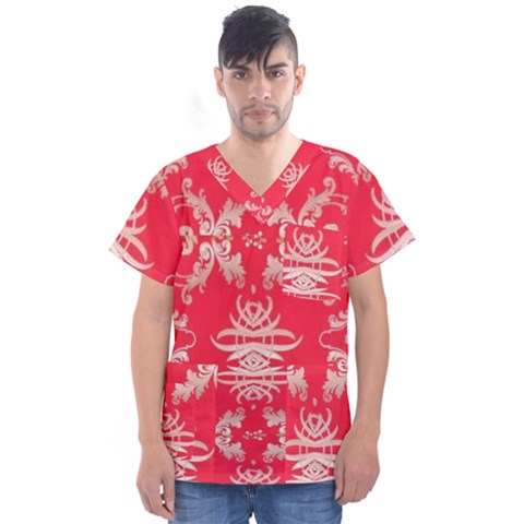 Red Chinese Inspired  Style Design  Men s V-neck Scrub Top by flipstylezfashionsLLC