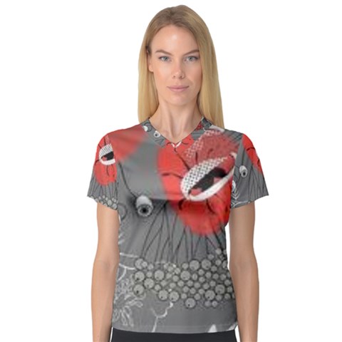 Red Poppy Flowers On Gray Background  V-neck Sport Mesh Tee by flipstylezfashionsLLC