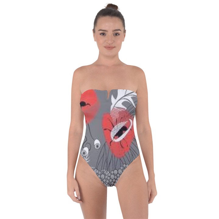 Red poppy flowers on gray background  Tie Back One Piece Swimsuit