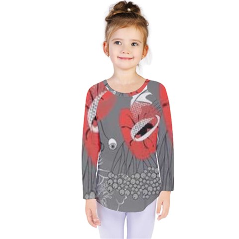 Red Poppy Flowers On Gray Background  Kids  Long Sleeve Tee by flipstylezfashionsLLC