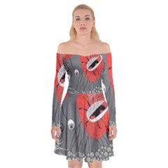 Red Poppy Flowers On Gray Background  Off Shoulder Skater Dress by flipstylezfashionsLLC