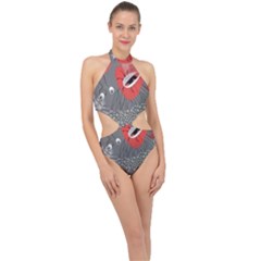 Red Poppy Flowers On Gray Background  Halter Side Cut Swimsuit by flipstylezfashionsLLC