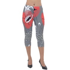 Red Poppy Flowers On Gray Background  Lightweight Velour Capri Leggings  by flipstylezfashionsLLC