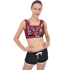 Red And Black Florals  V-back Sports Bra