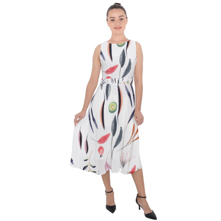 Watercolor Tablecloth Fabric Design Midi Tie-Back Chiffon Dress