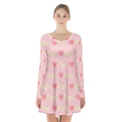 Heart Love Pattern Long Sleeve Velvet V-neck Dress by Nexatart