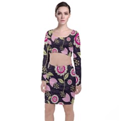 Flowers Wallpaper Floral Decoration Long Sleeve Crop Top & Bodycon Skirt Set by Nexatart