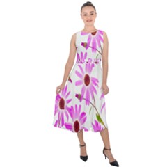 Pink Purple Daisies Design Flowers Midi Tie-back Chiffon Dress