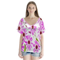 Pink Purple Daisies Design Flowers V-neck Flutter Sleeve Top by Nexatart