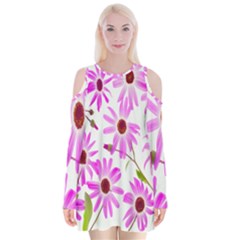 Pink Purple Daisies Design Flowers Velvet Long Sleeve Shoulder Cutout Dress by Nexatart