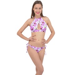 Pink Purple Daisies Design Flowers Cross Front Halter Bikini Set