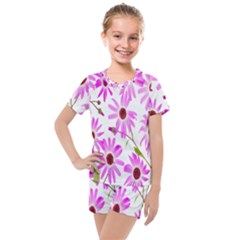 Pink Purple Daisies Design Flowers Kids  Mesh Tee And Shorts Set