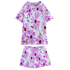 Pink Purple Daisies Design Flowers Kids  Swim Tee And Shorts Set