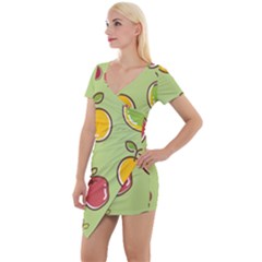 Seamless Pattern Healthy Fruit Short Sleeve Asymmetric Mini Dress