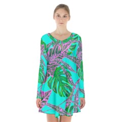 Painting Oil Leaves Nature Reason Long Sleeve Velvet V-neck Dress by Nexatart