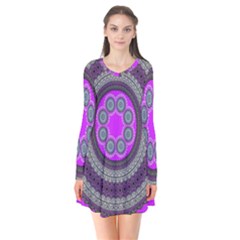 Round Pattern Ethnic Design Long Sleeve V-neck Flare Dress by Nexatart