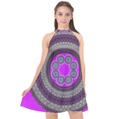 Round Pattern Ethnic Design Halter Neckline Chiffon Dress 