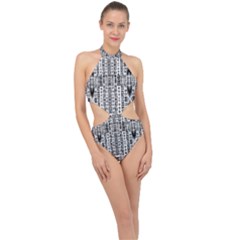 Creative Retro Black And White Abstract Vector Designs By Kiekie Strickland Halter Side Cut Swimsuit