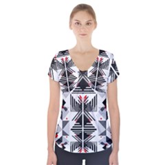 Retro Geometric Red And Black Triangles  Short Sleeve Front Detail Top by flipstylezfashionsLLC