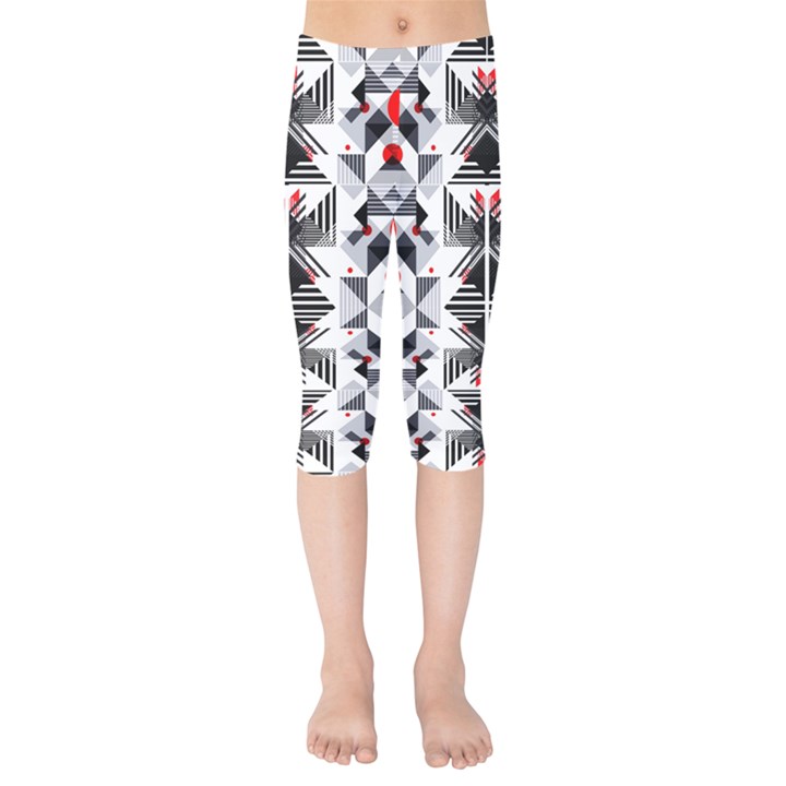 Retro Geometric red and black triangles  Kids  Capri Leggings 