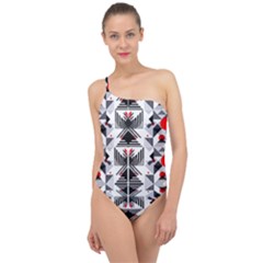 Retro Geometric Red And Black Triangles  Classic One Shoulder Swimsuit by flipstylezfashionsLLC