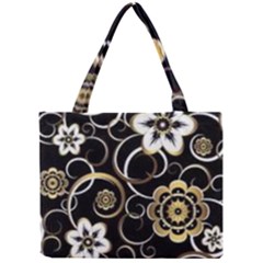 Beautiful Gold And White Flowers On Black Mini Tote Bag by flipstylezfashionsLLC