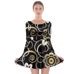 Beautiful Gold And White Flowers On Black Long Sleeve Skater Dress by flipstylezfashionsLLC