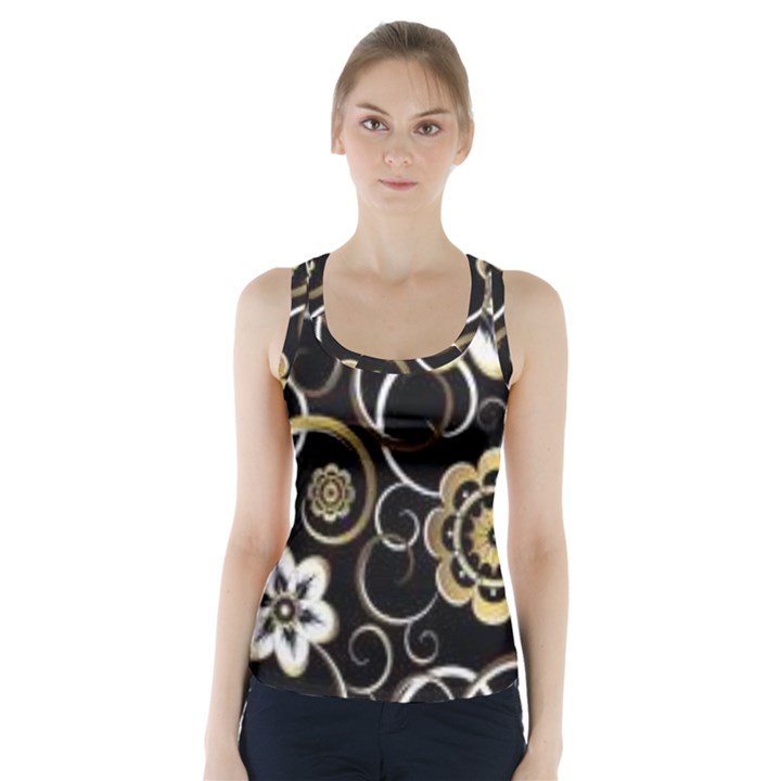 Beautiful Gold and white flowers on black Racer Back Sports Top