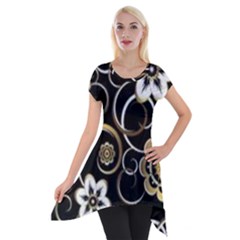 Beautiful Gold And White Flowers On Black Short Sleeve Side Drop Tunic by flipstylezfashionsLLC