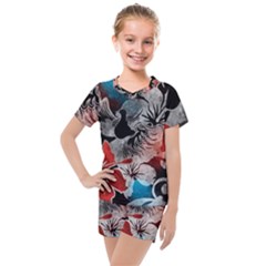 Beautiful Hibiscus Flower Design  Kids  Mesh Tee And Shorts Set