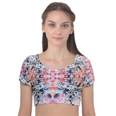 Elegant Japanese Inspired Floral Pattern  Velvet Short Sleeve Crop Top  by flipstylezfashionsLLC