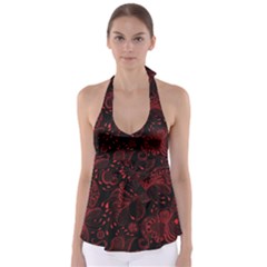 Seamless Dark Burgundy Red Seamless Tiny Florals Babydoll Tankini Top by flipstylezfashionsLLC