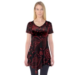 Seamless Dark Burgundy Red Seamless Tiny Florals Short Sleeve Tunic  by flipstylezfashionsLLC