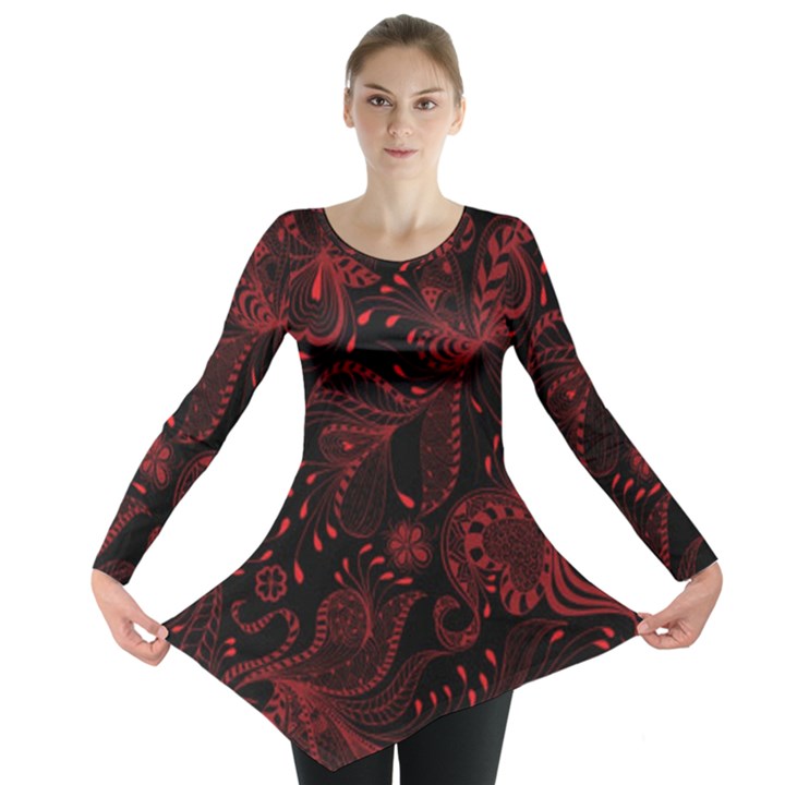 Seamless Dark Burgundy Red seamless tiny florals Long Sleeve Tunic 