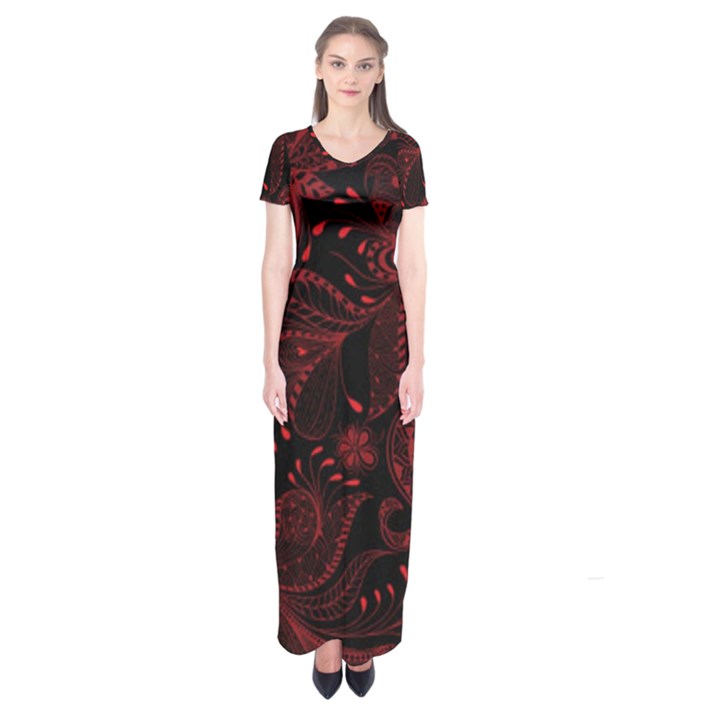 Seamless Dark Burgundy Red seamless tiny florals Short Sleeve Maxi Dress