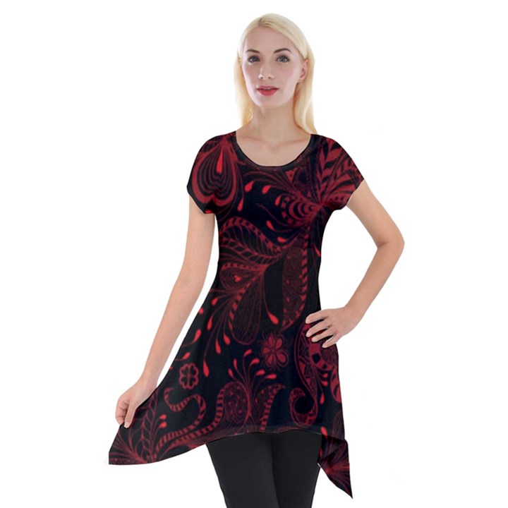 Seamless Dark Burgundy Red seamless tiny florals Short Sleeve Side Drop Tunic